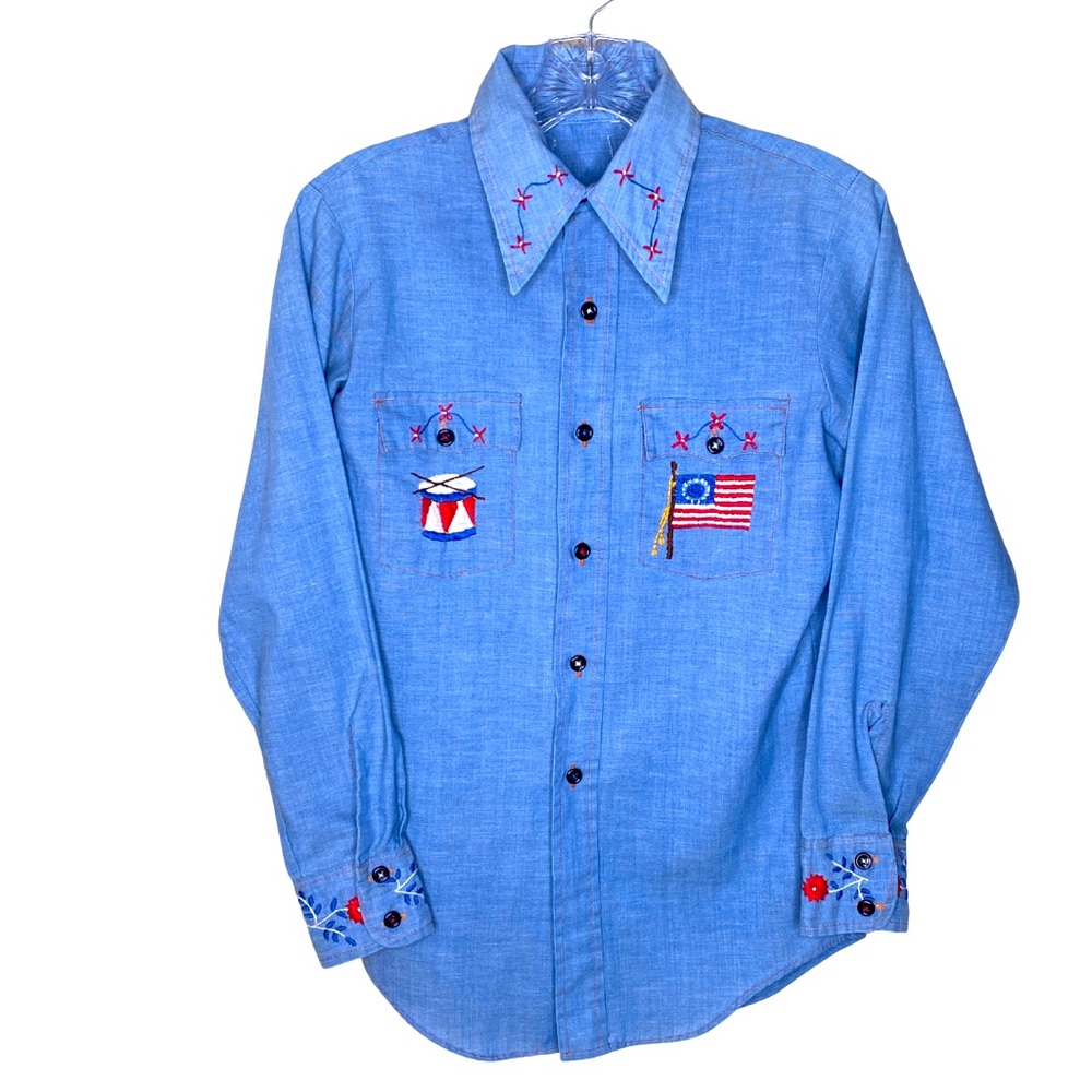 Vintage Hand Embroidered Patriotic Country Western Cabin Core Cottage Top (S/M)